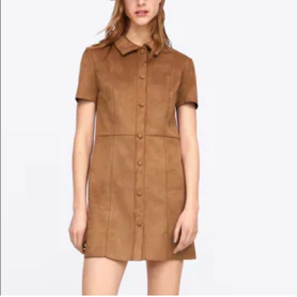 Zara Brown/Tan Suède Dress button up with collar, like new. - Picture 1 of 7